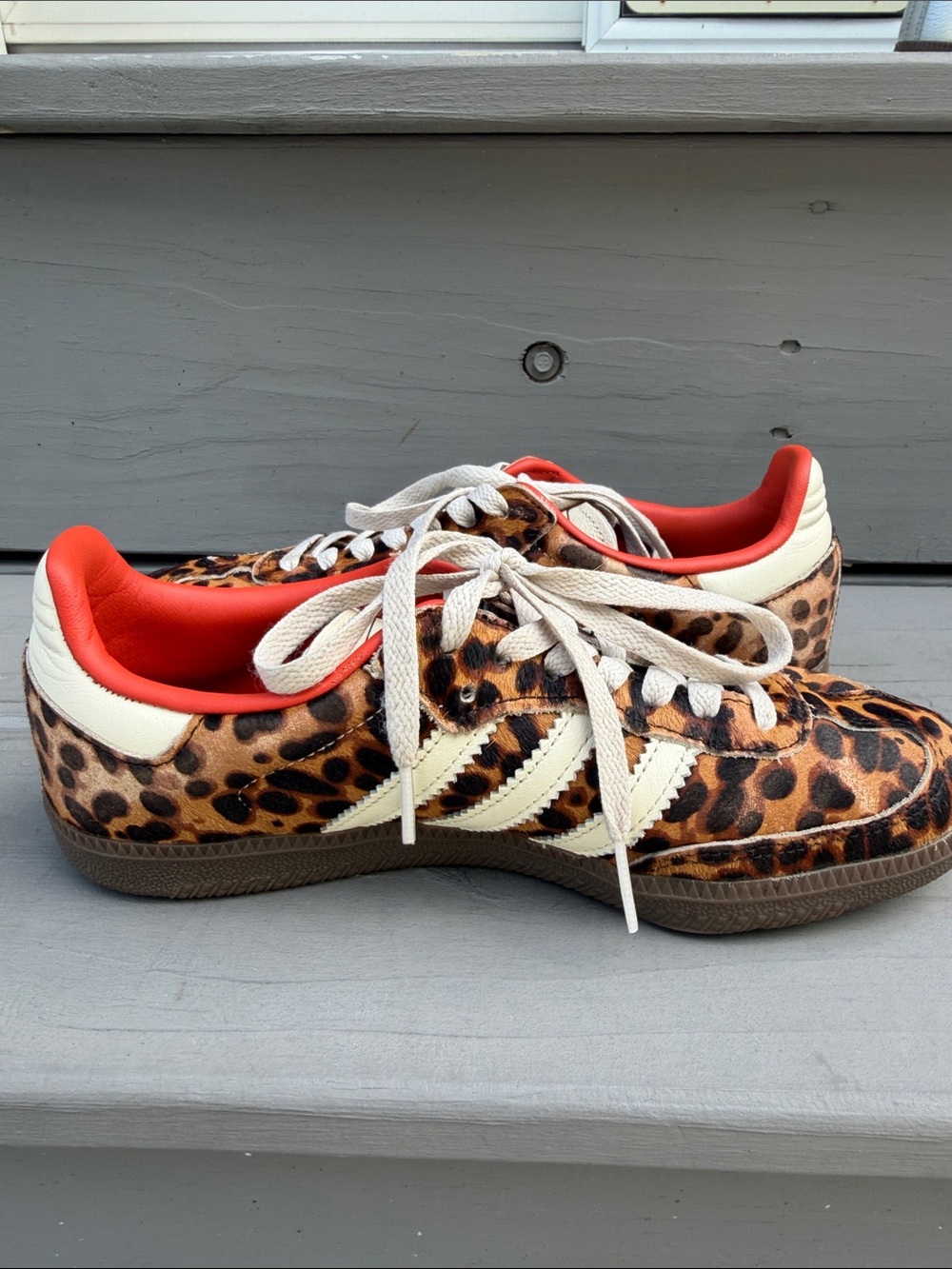 adidas women’s Leopard Print Sneakers with White Stripes and orange trim. - Picture 6 of 10